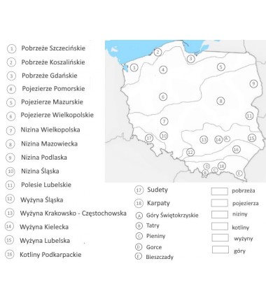 Mapa Polski - ukształtowanie terenu - 65 x 50 cm - mata do kolorowania z numerami