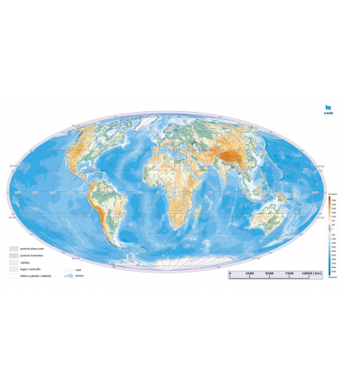 HIPSOMETRYCZNA mapa świata wersja bez podpisów - 65 x 33 cm