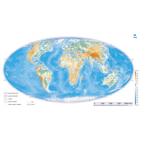 HIPSOMETRYCZNA mapa świata wersja bez podpisów - 65 x 33 cm