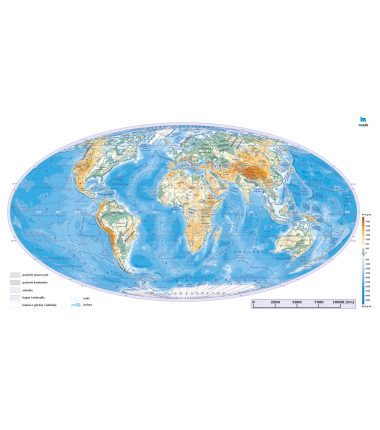 HIPSOMETRYCZNA mapa świata wersja z podpisami - 65 x 33 cm
