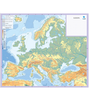 HIPSOMETRYCZNA mapa Europy wersja bez podpisów - 65 x 55 cm