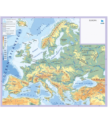 HIPSOMETRYCZNA mapa Europy wersja z podpisami - 65 x 33