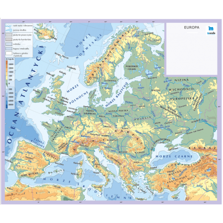 HIPSOMETRYCZNA mapa Europy wersja z podpisami - 65 x 33